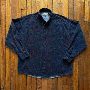 Vintage 90s Anchor Blue Paisley Button Down Shirt Men XL Navy Blue‎ Purple Tan.